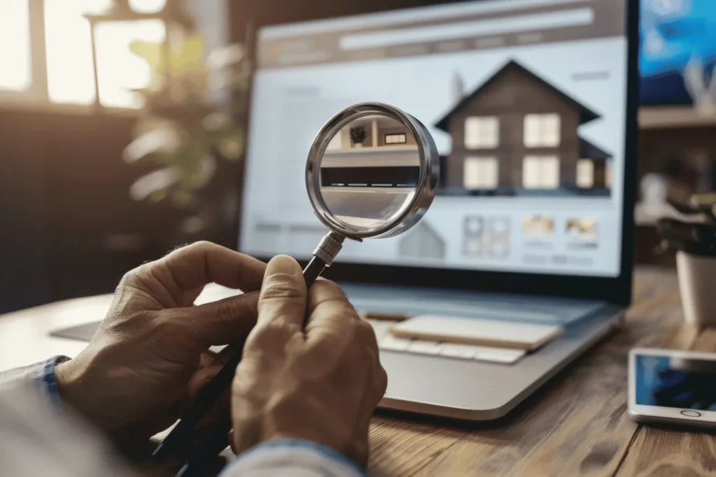 Person using a magnifying glass to examine a property listing on a laptop
