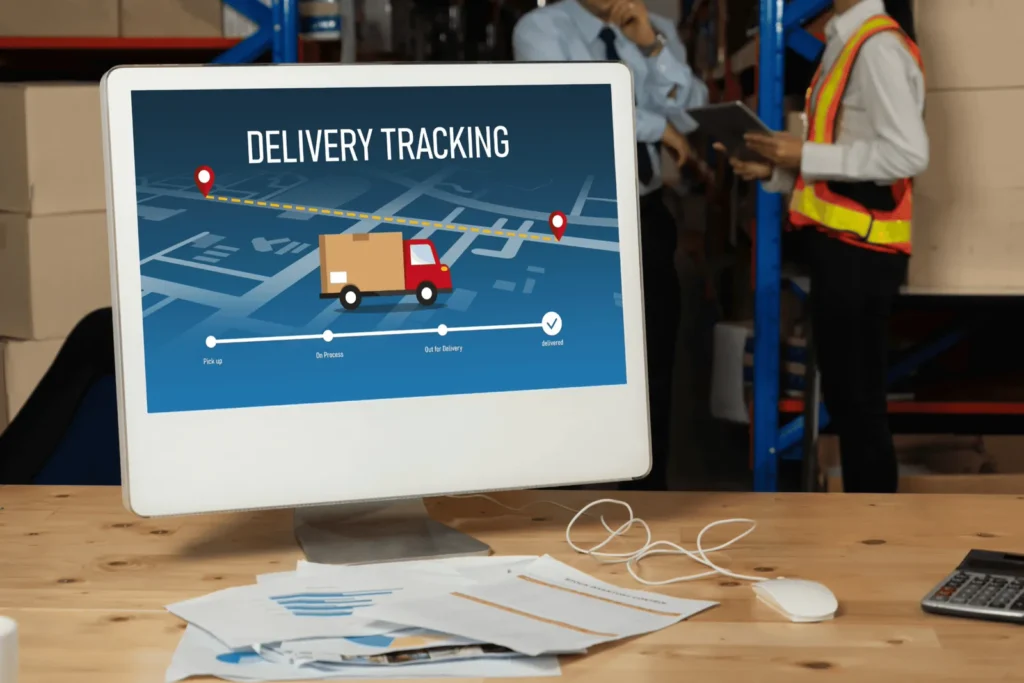 Delivery tracking dashboard on a monitor in a warehouse