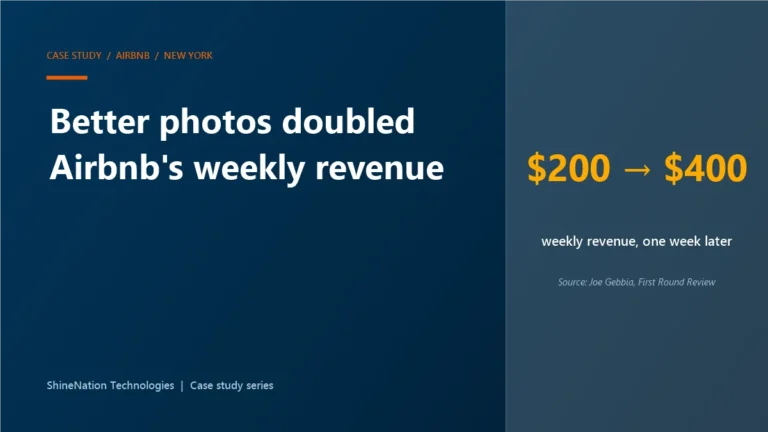 Case study card: better photos doubled Airbnb weekly revenue from $200 to $400
